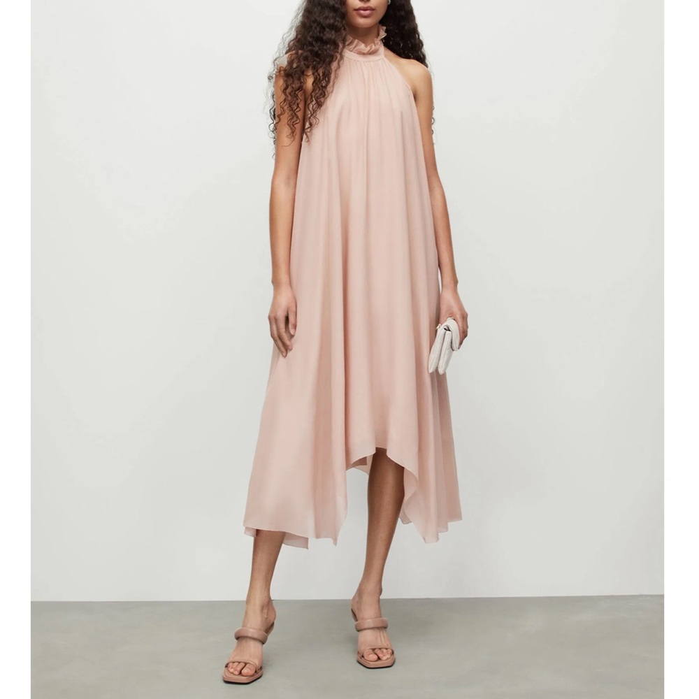Allsaints Alaya Silk Midi Dress Size 8 Feminine Wedding Guest Tie Neck Soft Pink